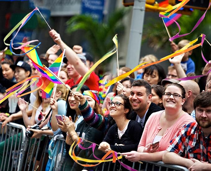 100pcs Rainbow Ribbon Stick Wands with Gold Bell, Multi-Colored Fairy Wish Wands Party Rhythm Send-Off Idea Ribbon Streamers for Wedding, Bridal Shower, Pride Parade, Ceremony Exit Photo Props