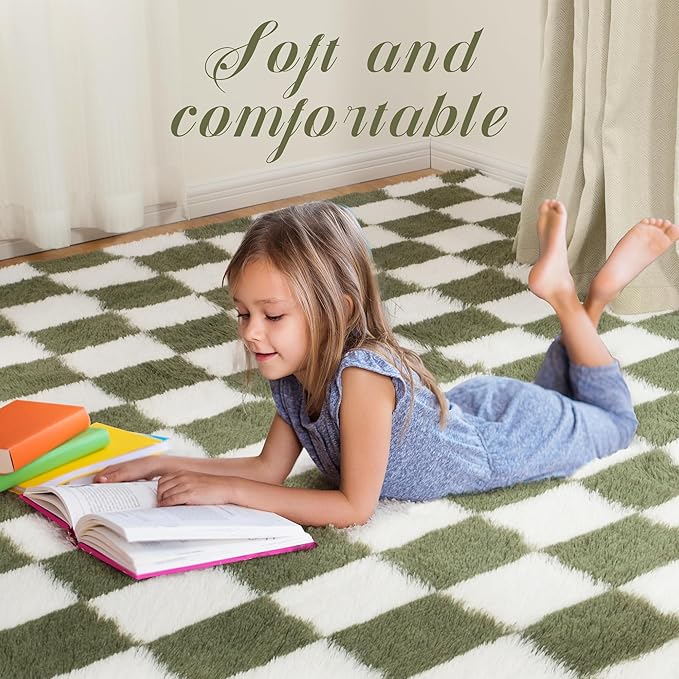 Super Soft Rug for Bedroom, 5x8 Ft Green and White Area Rug Classic Checkered Shaggy Anti-Skid High Pile Soft Fluffy Rug Fuzzy Carpet for Living Room Bedroom Kids Room Nursery, Dorm Home Decor