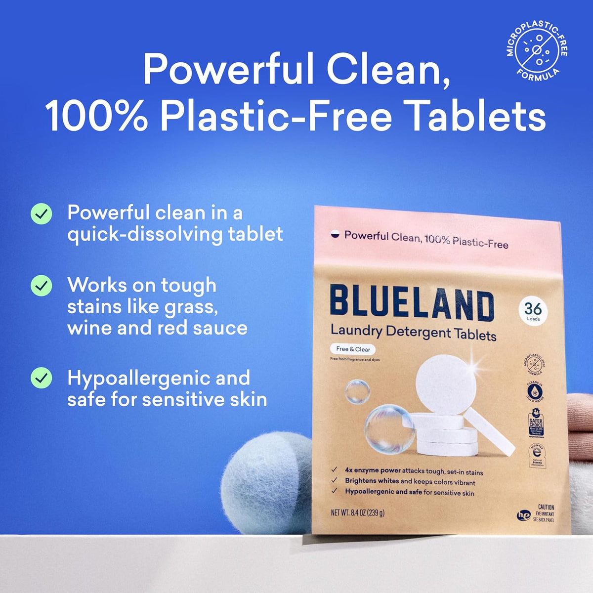 BLUELAND Laundry Essentials Kit, Fragrance Free & Clear - Plastic-Free Laundry Detergent Tablets, Oxi Booster, and Reuseable Natural Wool Dryer Balls