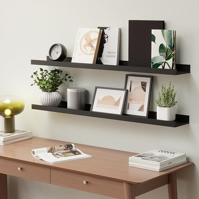 35.4 Inches Long Floating Shelves Wall Mounted, 2 Set Modern Black Wall Shelf for Bedroom, Nursery Book Shelf with Lip, Picture Ledge Shelf for Wall Decor Living Room Bathroom Kitchen- Black