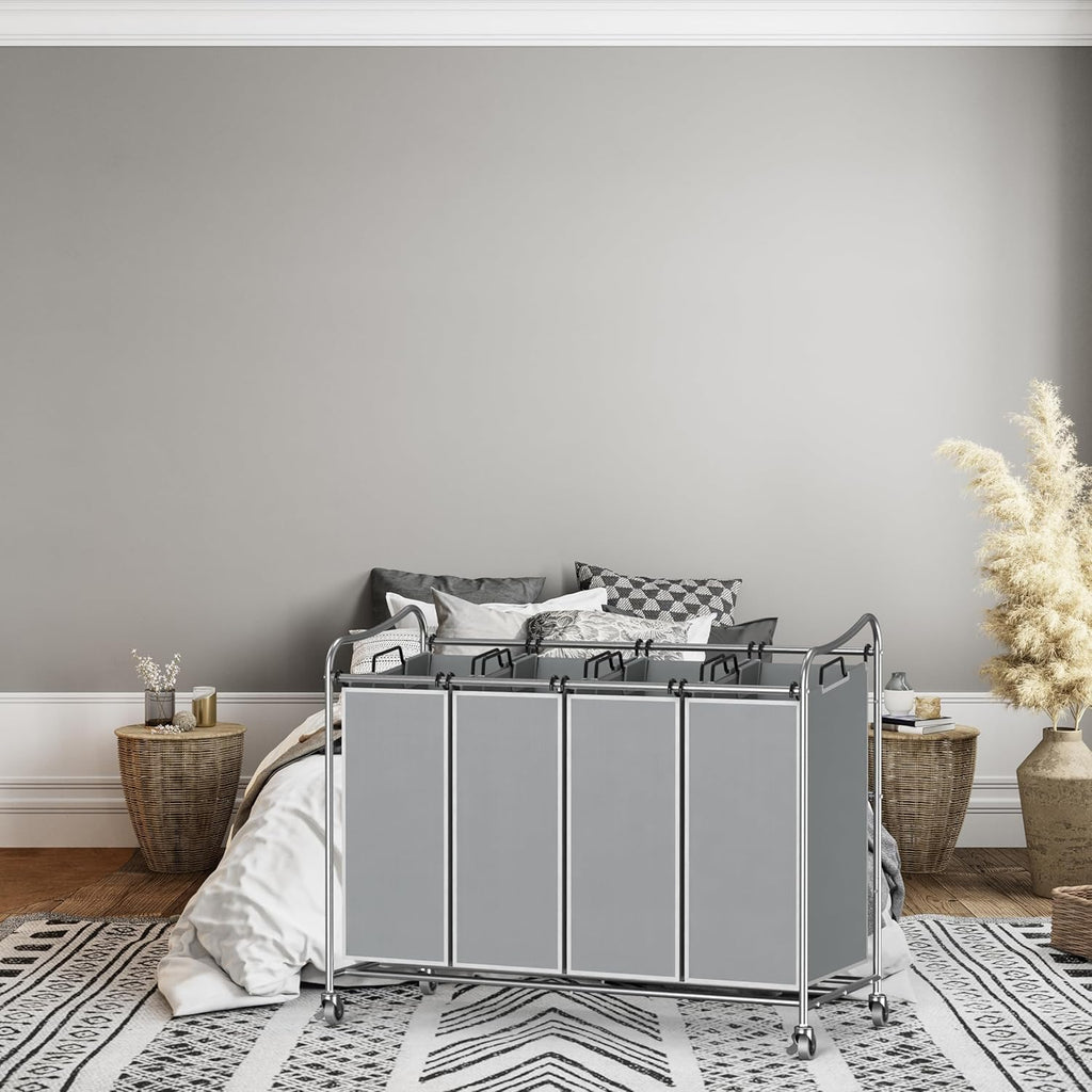 Simple Houseware 4-Bag Heavy Duty Laundry Sorter Rolling Cart, Silver