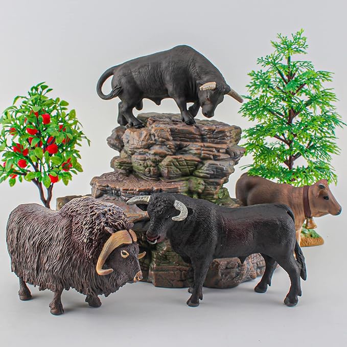 LC JoyCre Bulls Toys Cows Figurines 4PCS Realistic Big Swiss Cow Figures Toys for Toddlers African Bull Musk Ox Cow Figures for Kids Birthday 3 4 5 6 Year Old