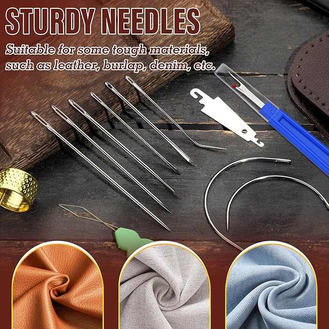 Repair Sewing Kit, Upholstery Needle and Thread Kit with 32 Yard Waxed Thread and 8 Pcs Heavy Duty Leather Needles for Hand Stitching, Canvas & Quilting - 0.55mm Round Waxed Green