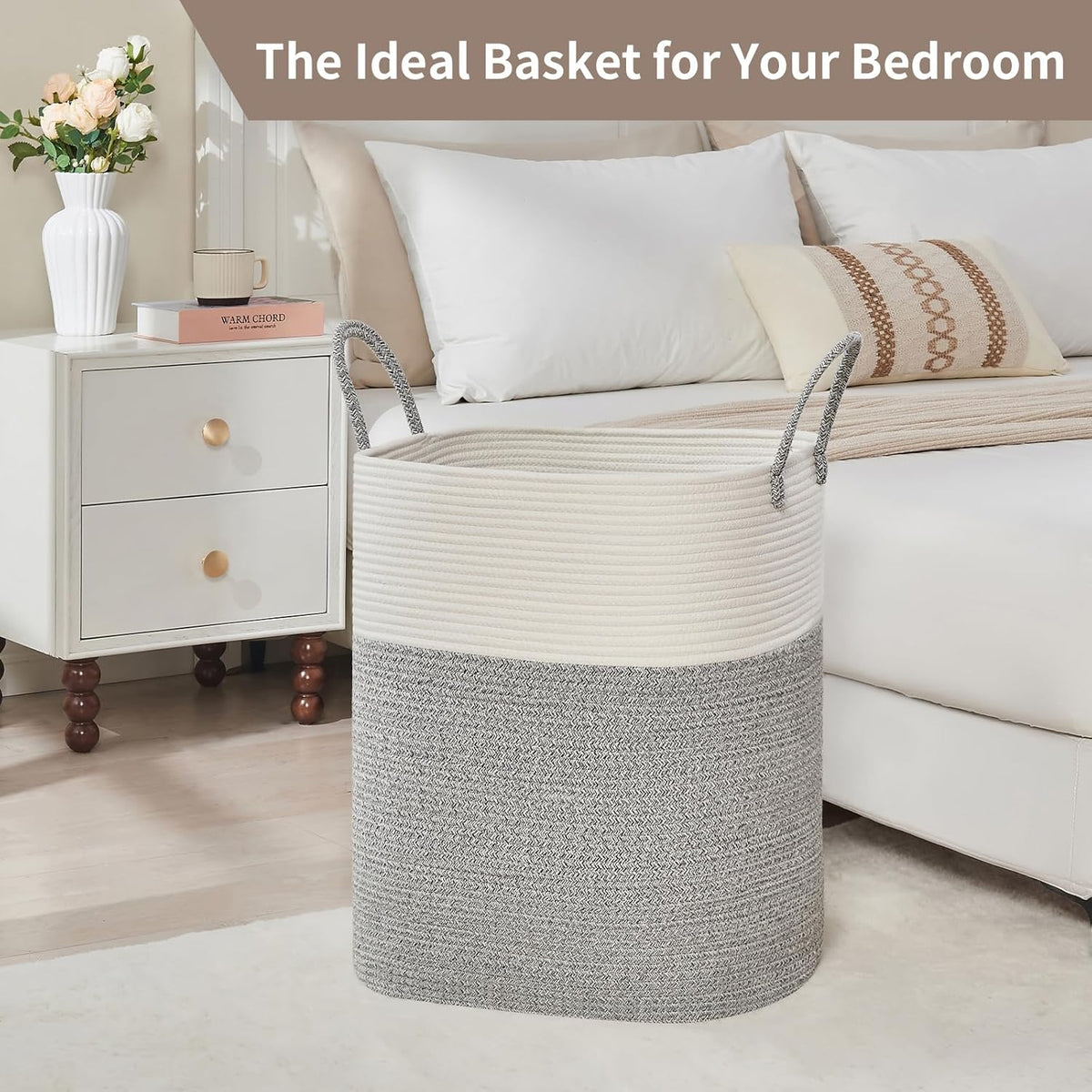 Laundry Basket with Handles - Blanket Basket & Hampers for Bedroom Aesthetic, Laundry Hamper & Blanket Storage for Living Room, Clothes Hamper, Tall, Large 17" x 14" x 24”, White & Grey