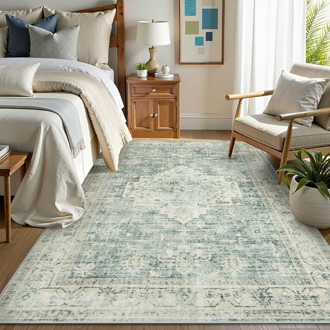 LIVEBOX Bedroom 4x6 Washable Area Rug for Entryway Kitchen, Non-Slip Soft Boho Rugs for Dining Room Office, Farmhouse Low-Pile Neutral Soft Carpet for Nursery Room Playroom, Sage Green