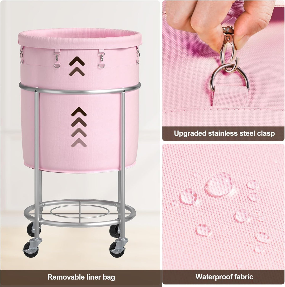 ELYKEN Laundry Basket with Wheels, 170L Rolling Laundry Hamper with Removable Bag and Steel Frame, Round Laundry Cart with 4 Casters and 2 Brakes, Ideal for Bedroom, Bathroom, Laundry Room, Pink