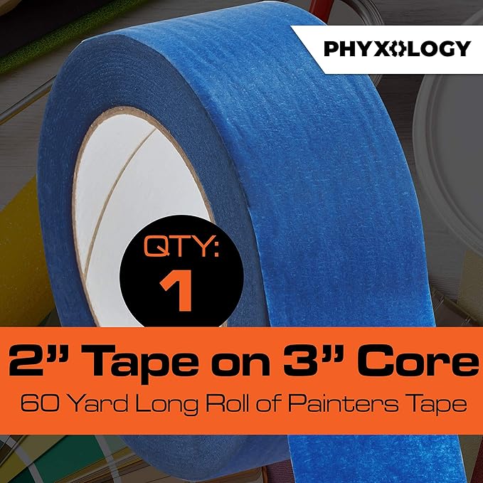 No-Residue 2 Inch, 60 Yard Blue Painters Tape 1 Pk. Easy-Tear, Pro-Grade Removable Masking Tape Great for Home, Office, Commercial Contractor. Clean, Drip-Free Painting w/Wide Crepe Paper Rolls