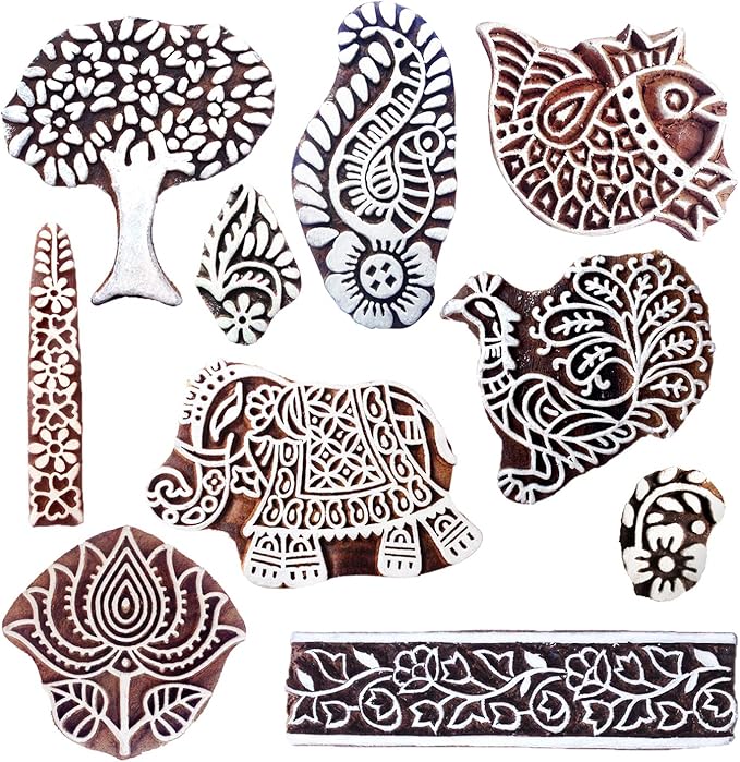Royal Kraft Wooden Stamps for Block Printing on Saree Border, Textile, Clay, Pottery, Tattoo (Set of 10) MXtag0003