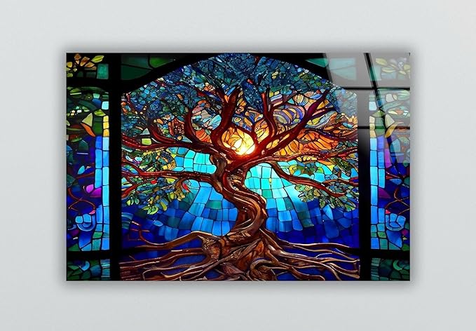 My Photostation.com 20Wx14H'' Stained Blue Life of Tree Glass Wall ArtTempered Glass Printing Wall Decor Large Wall Art Wall Hangings