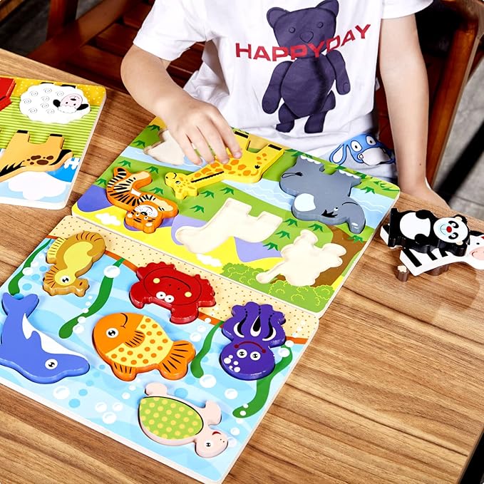 Chunky Puzzles for Toddlers 1-3, Farm, Sea, Zoo Animals Wooden Puzzles, Preschool Early Learning Toy Gift for Kids Ages 1 2 3 Year Old