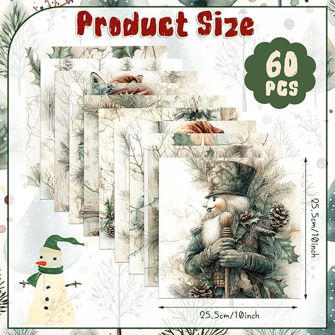 Ganeen 60 Pcs 10 x 10 Inch Vintage Green Christmas Quilting Fabric Squares Snowman Fat Patchwork Precut Strips Gingerbread Reindeer Fabric Bundles for Winter Xmas DIY Craft Sewing Handmade Material