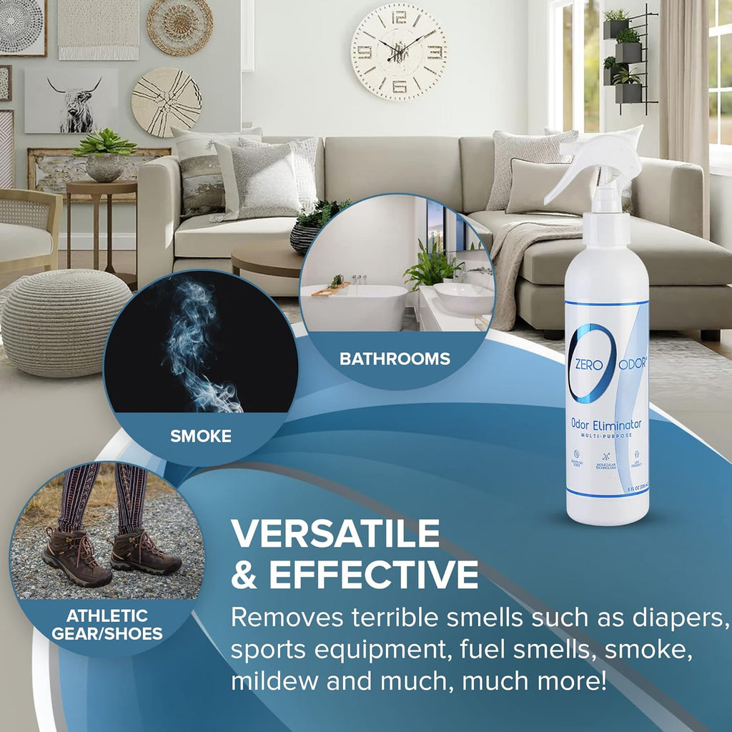Zero Odor Multi-Purpose Odor Eliminator - Eliminate Air & Surface Odor – Patented Technology Best for Bathroom, Kitchen, Fabric, Closet- Smell Great Again, 8oz (Over 1000 Sprays)