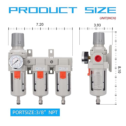 NANPU Three Stage Air Drying System - 5 Micron Particulate Filter, 0.5＆0.01 Micron Coalescing Filters, Air Pressure Regulator Combo - 0-150 psi Gauge, Semi-Auto Drain, Metal Bracket（3/8" NPT）