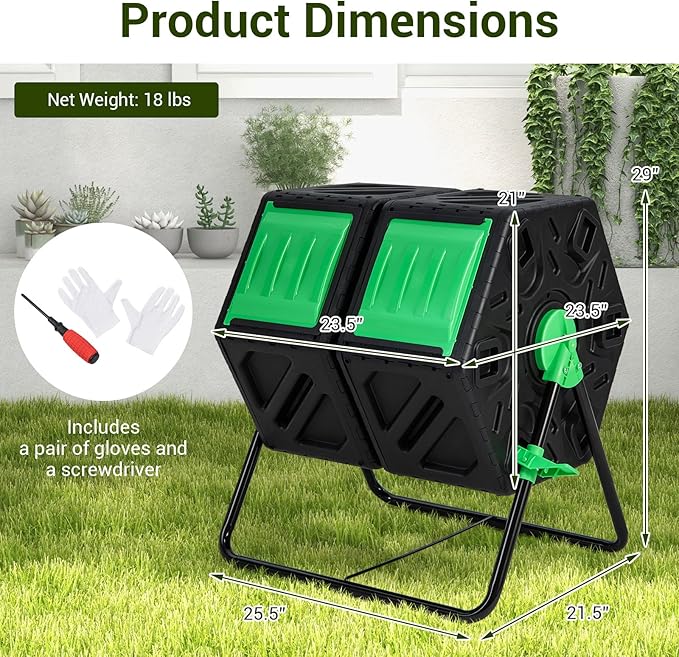 Goplus Compost Bin, Dual Chamber 34.5 Gal Compost Tumbler with 2 Rotating Chambers, Sliding Doors, High-Volume Outdoor Garden Composter, Rotating Composting Bin for Garden Yard, BPA Free