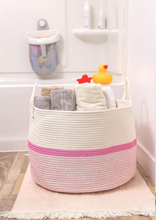OrganiHaus Boho Woven Basket for Blankets and Laundry, Decorative Large Storage Bin for Living Room, Nursery Basket for Toys & Clothes, Soft Cotton Rope with Handles 20x13 inches - Striped Pink