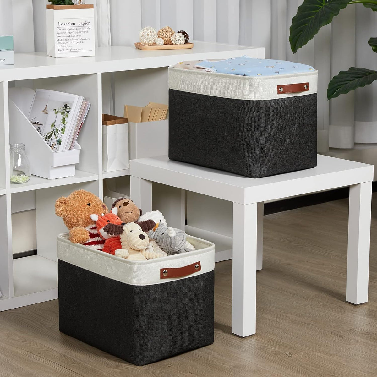 DULLEMELO Storage Bins Large-16"x12"x12" With Leather Handles for Organizing,Decorative Collapsible Storage Baskets for Shelves Closet Home Office (White&Black)