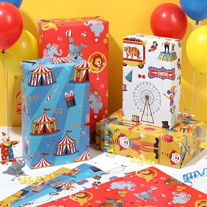 Pineraap 12 Sheets Circus Wrapping Paper, Cute Circus Acrobatic Clown Ferris Wheels Balloon Tent Pattern Folded Gift Packing Paper for Birthday, Baby Shower, Parties, Gifts, Crafts, 20 x 28 inch
