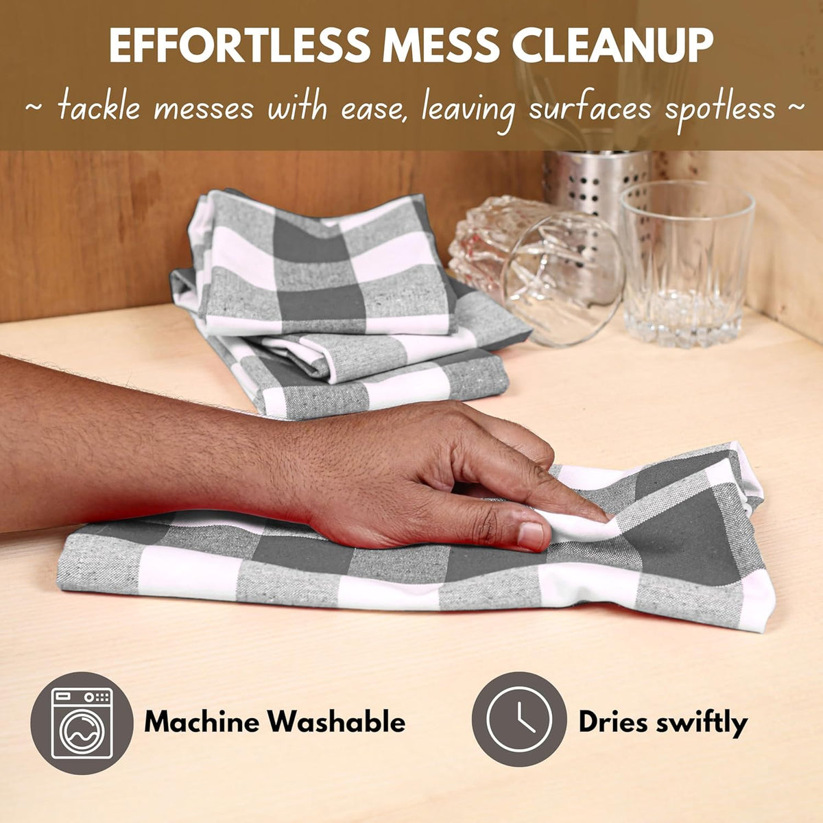 Native Fab 12-Pack Kitchen Towel with Hanging Loop 16x26 inches, Cotton Buffalo Check Kitchen Towels for Cleaning Drying, Washcloths Soft & Absorbent Cloth Rags, Bar Towel, Dish Cloth, Grey