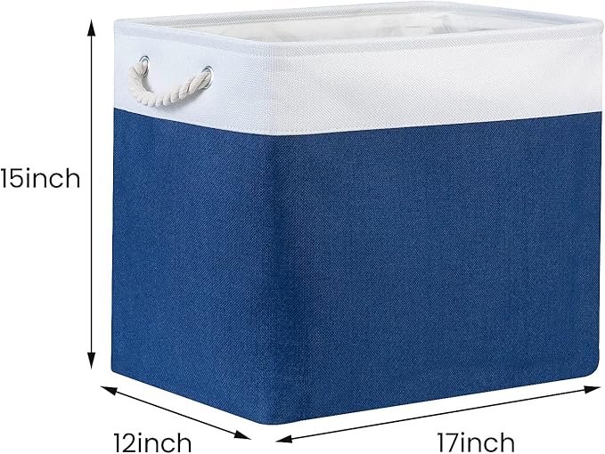 Bidtakay Large Canvas Organization Bins Set of 2 Navy Blue Rectangular Baskets 17x12x15 in for Blankets, Clothes, Towels, Dog Toys Storage