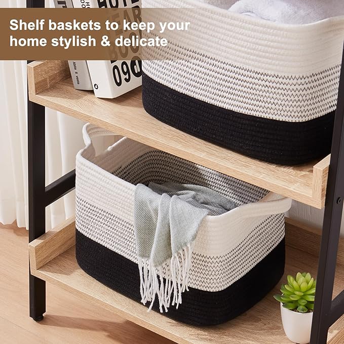 Storage Basket for Organizing, Woven Baskets for Storage, Rectangle Decorative Baskets for Shleves, Closet, Toys, Books, Nursery Organizer Bins - Pack of 3 (Gradient Black)