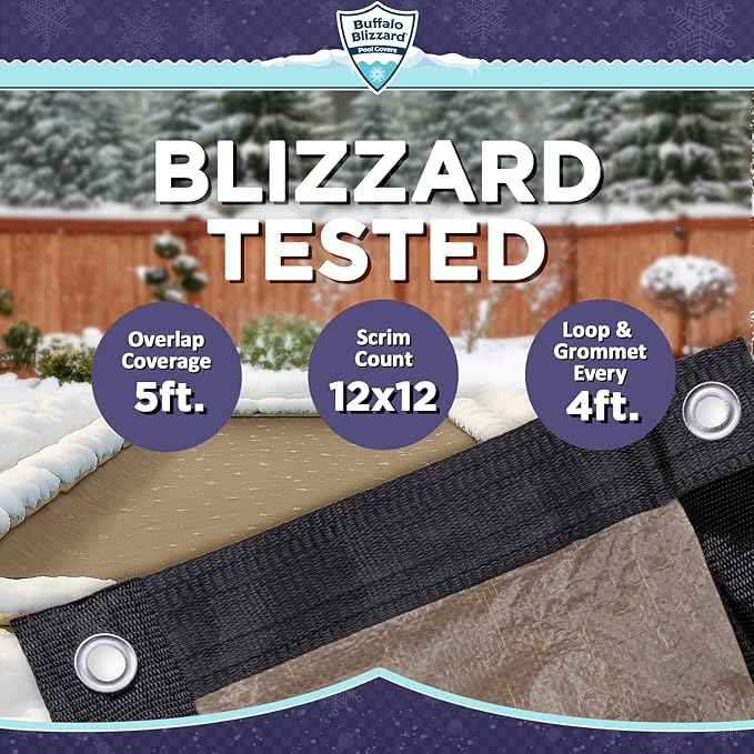 Buffalo Blizzard Supreme Plus 16 ft x 32 ft Rectangular Winter Pool Cover | Tan/Silver | Heavy Duty for Above Ground Swimming Pools | Easy Install | Cold & UV Resistant | Seasonal Debris Protection