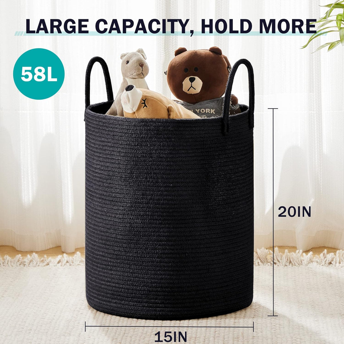 YOUDENOVA Woven Rope Laundry Hamper Basket, 58L Tall Laundry Basket, Baby Nursery Hamper for Blanket Storage in Bedroom-Large- Black