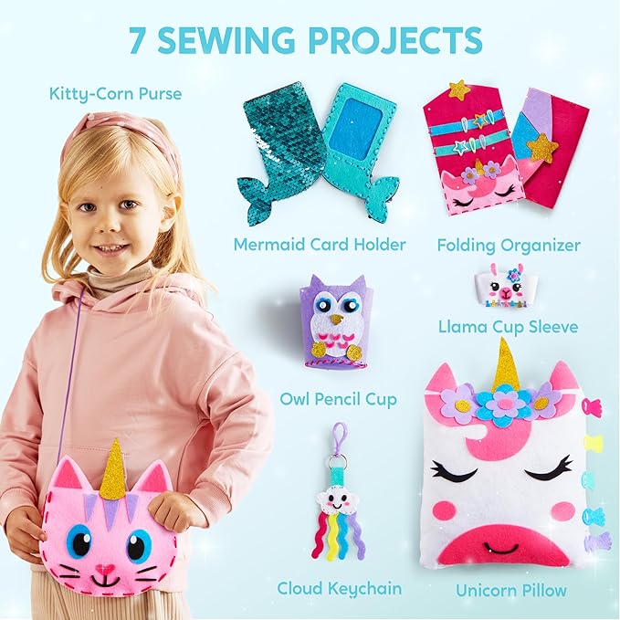Klever Kits 7 Sewing Projects- My First Kids Sewing Kit- Easy DIY Arts and Crafts for Girls, Craft Kits, Birthday Gifts for Kids Aged 6+, Unicorn and Mermaid Pillow