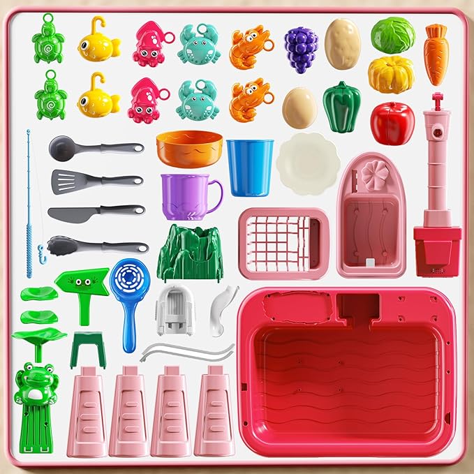 Water Table for Toddlers 3-5- Kids Play Sink with Pump and Running Water, Water Table for Kids Ages 4-8 with Fishing Game, Summer Outside Sensory Gift Toys for Boy and Girl 3 4 5 6 7 8 (Red)