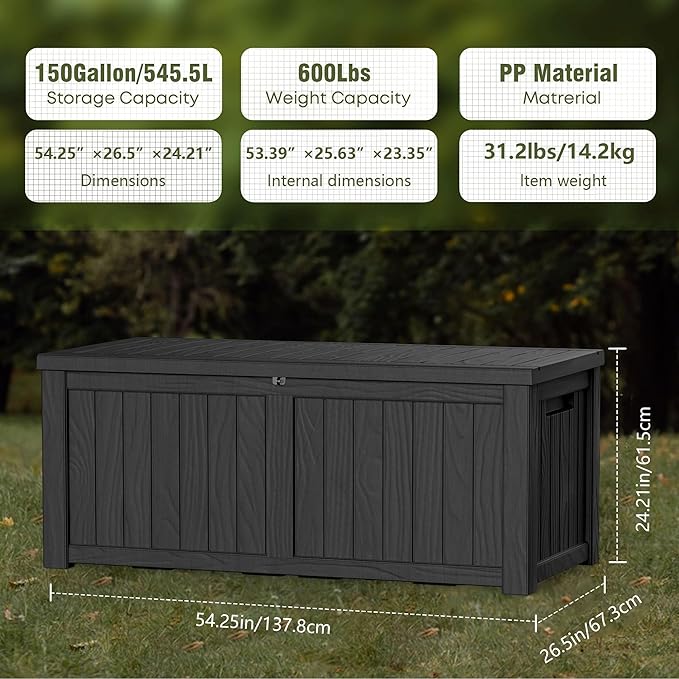 Extra-Large 150 Gallon Outdoor Chest Storage Waterproof - Outside Storage Box & Bench, Resin Deck Chest for Patio/Pool, Lockable UV-Resistant, Onyx Black
