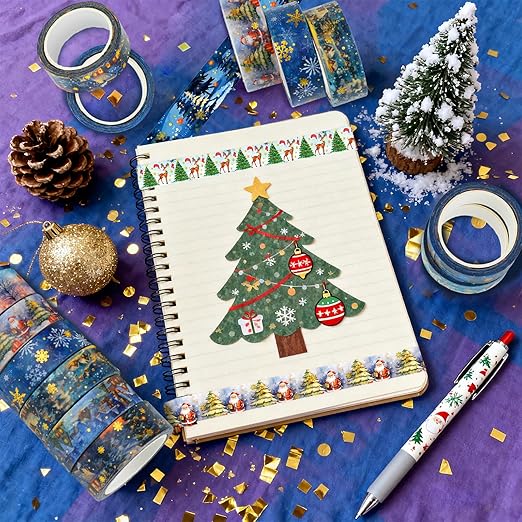 12 Rolls Christmas Washi Tapes, Christmas Tree Snowflakes Santa Claus Masking Tape, Gold Foil Winter Xmas Decorative Tape for Planner Scrapbook Journal DIY Arts Craft Gift Wrapping 16.4FT