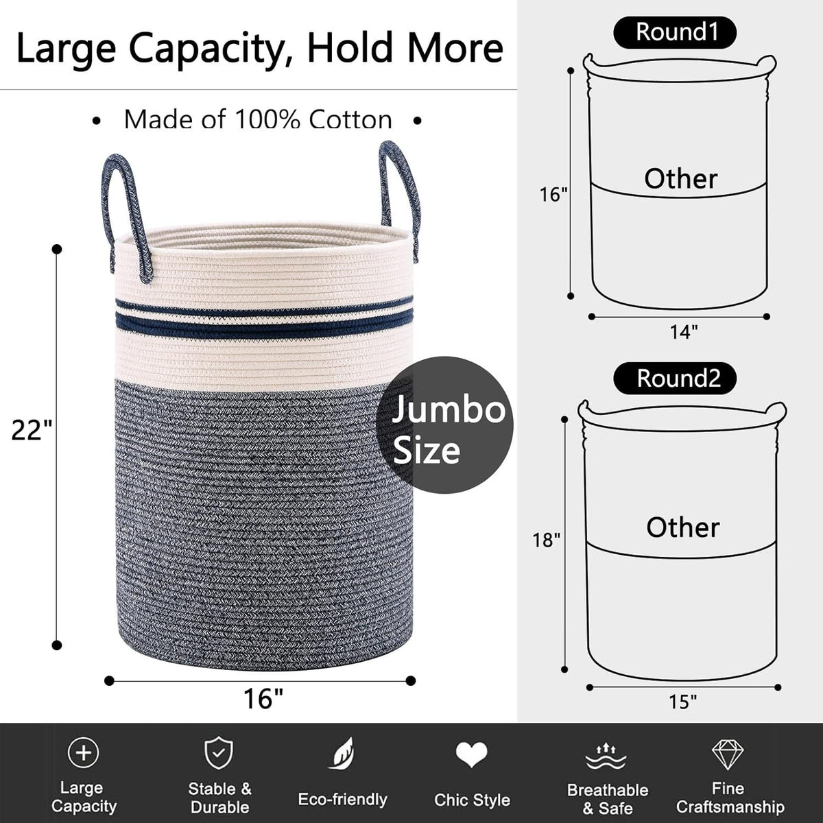YOUDENOVA Woven Rope Laundry Hamper Basket, 72L Tall Laundry Basket, Baby Nursery Hamper for Blanket Storage in Bedroom-Large-Blue