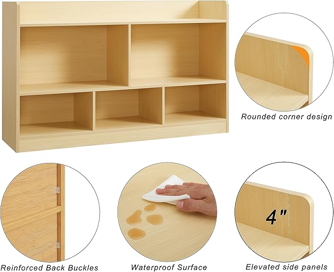Kids Toy Storage Organizer, 5-Section Bookshelf for Organizing Books Toys, Wooden Storage Cabinet Daycare Furniture for School, Classroom Playroom, Nursery, Kindergarten (Natural)