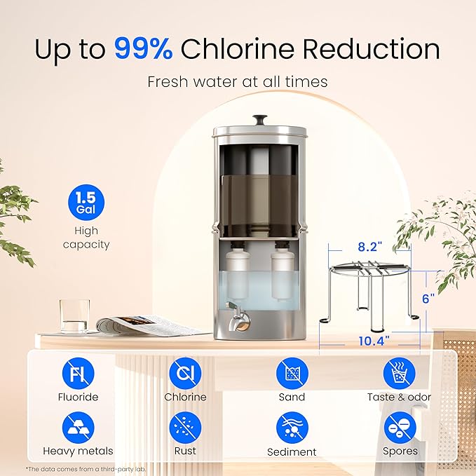Waterdrop 1.5 Gallons Gravity-fed Water Filter System, NSF/ANSI 42&372 Standard, Stainless-Steel Travel System with 4 Filters, Metal Spigot and Stand, Reduces Up to 99% Chlorine-King Tank Series