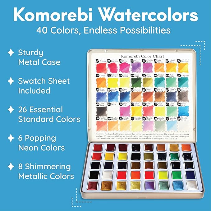 Mozart Japanese Watercolor Paint Set - Komorebi Art Kit with 40 Color Pans - 10 Watercolor Brushes - Paint Palette, Brush Pen & Paper Pad - Complete Supply for Adults, Kids & Students