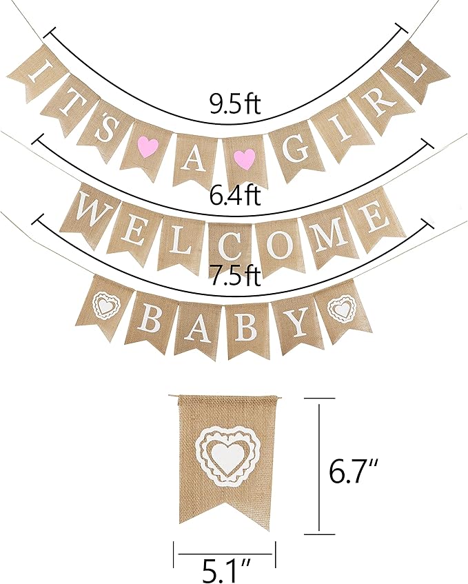MEEDEE Burlap Banner Welcome Baby Girls Banner Rustic Baby Shower Party Favors Decorations Banners and Signs Baby Shower Bunting Pink (3 Pieces)