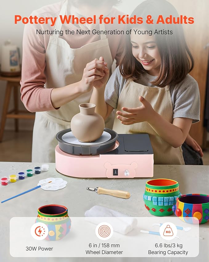 VEVOR Mini Pottery Wheel for Kids and Beginners, 6” Turntable, Two-Way Rotation, Adjustable Speed, Complete Pottery Set with Clay Art Supplies Sculpting Tools, Craft Gifts for Kids Teens Adults, Pink