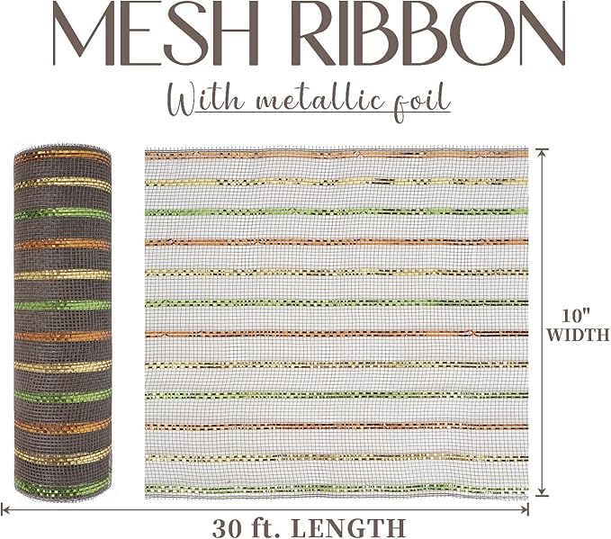 MEEDEE Fall Deco Mesh 10 Inch Rolls Brown Basic Mesh with Deluxe Wide Foil Orange & Yellow & Lime Metallic Striped Deco Mesh for Wreaths, Garland, Christmas Tree, Gift Wrapping, Bows Making (30 Feet)