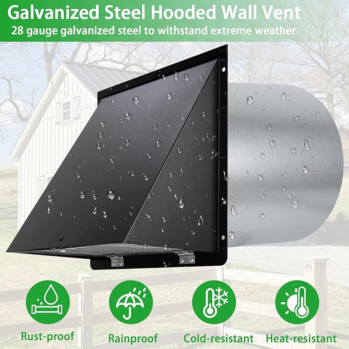12 Inch Wall Vent Hood Exhaust Vent Cap Dryer Vent Cover,Exterior Hooded Wall Vent with Screen and Damper for HVAC Duct Dryer AC Industrial Facilities Ventilation Outdoor Air Exhaust,Galvanized Steel