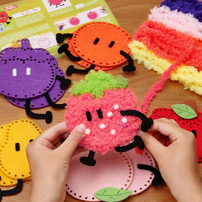 Golray Fruit Plushie Sewing Kit for Kids - My First Sewing Kit for Beginners, 7 Easy Felt Craft Project of Fruit Toys with Yarn, Leather, Plastic Needles, Glue & Instruction, Gift for Kid Girls Boys