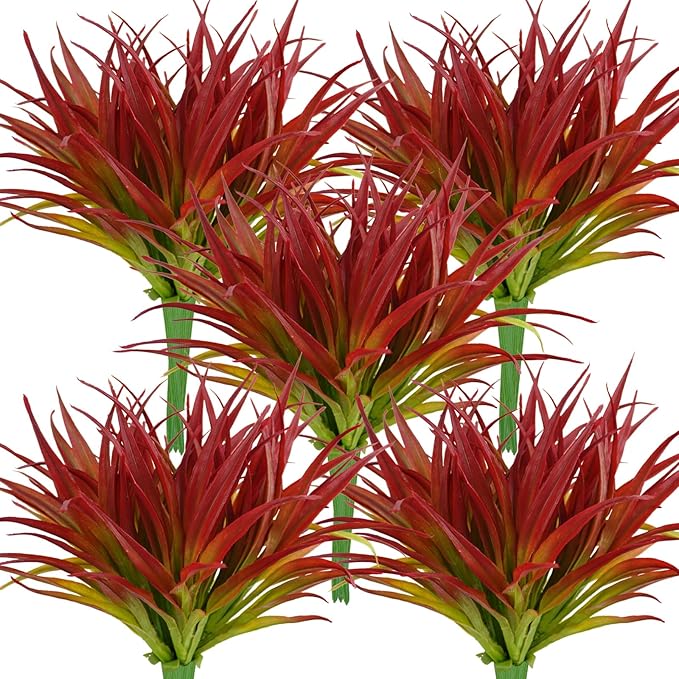 32Pcs Artificial Grass Fake Plants 17.3in Outdoor Plants UV Resistant Greenery Stems Fake Grass for Home Window Garden Office Patio Pathway Front Porch Décor Light Green & Red