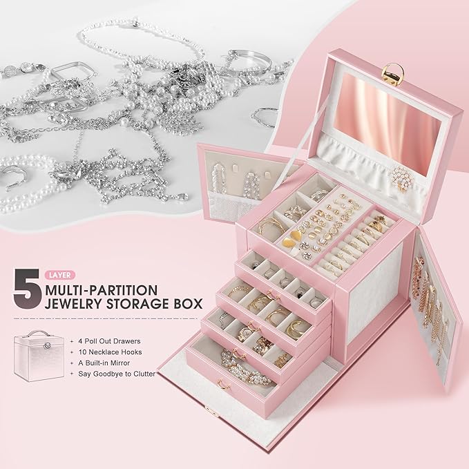 5-Layer Jewelry Box with 4 Drawers, Huge Portable Jewelry Organizer with Lock and Mirror for Women, for Necklace Ring Earring Bracelet Storage, Lockable Jewelry Case, Pink