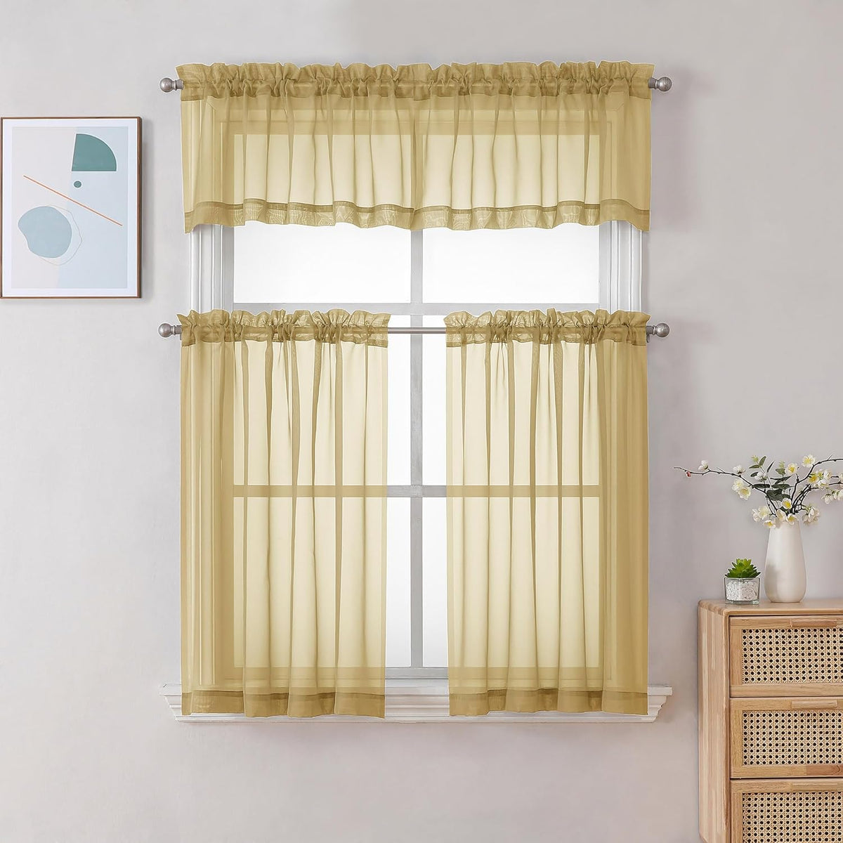 Chyhomenyc Sheer Gold Kitchen Tier Curtains 24 Inch Length Set, Small Window Curtains Treatment for Bathroom/Living Room/Cafe/Basement, Short Voile Curtain Tiers 42in x 24in, Rod Pocket, 2 PCS