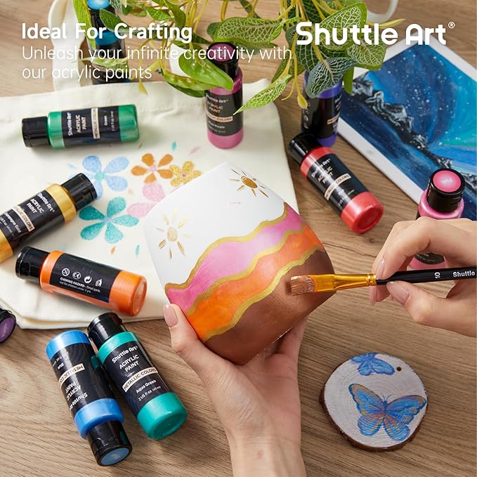 Shuttle Art Metallic Acrylic Paint Set, 20 Colors Metallic Paint in Bottles (60ml, 2oz) with 10 Brushes and 1 Palette, Rich Pigments, Non-Toxic for Artists, Beginners on Rocks Crafts CanvasWood Fabric