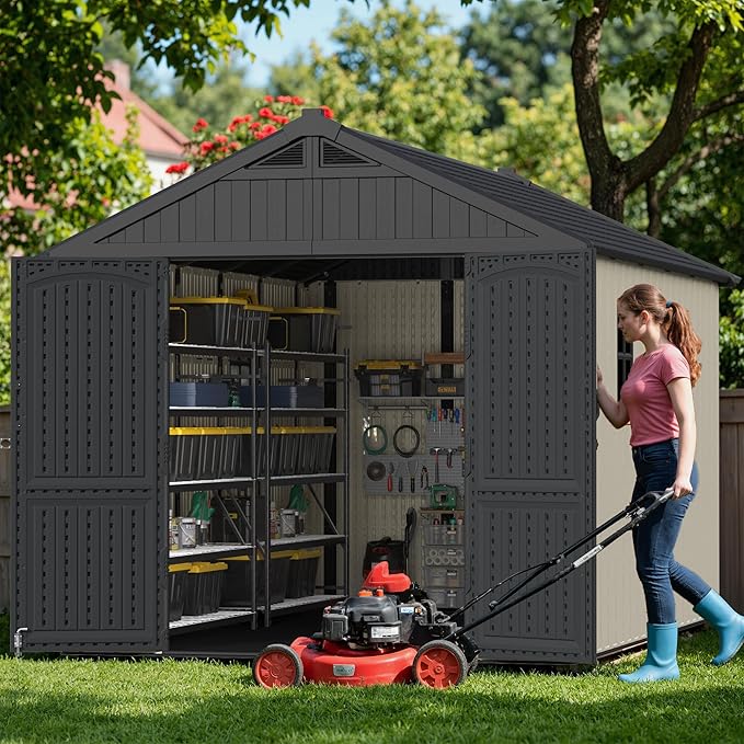 Greesum 8x12 FT Plastic Outdoor Storage Shed with Floor, Resin Sheds with Window and Lockable Door, Weather Resistant Organization for Garden, Patio, Pool Supplies, Beige