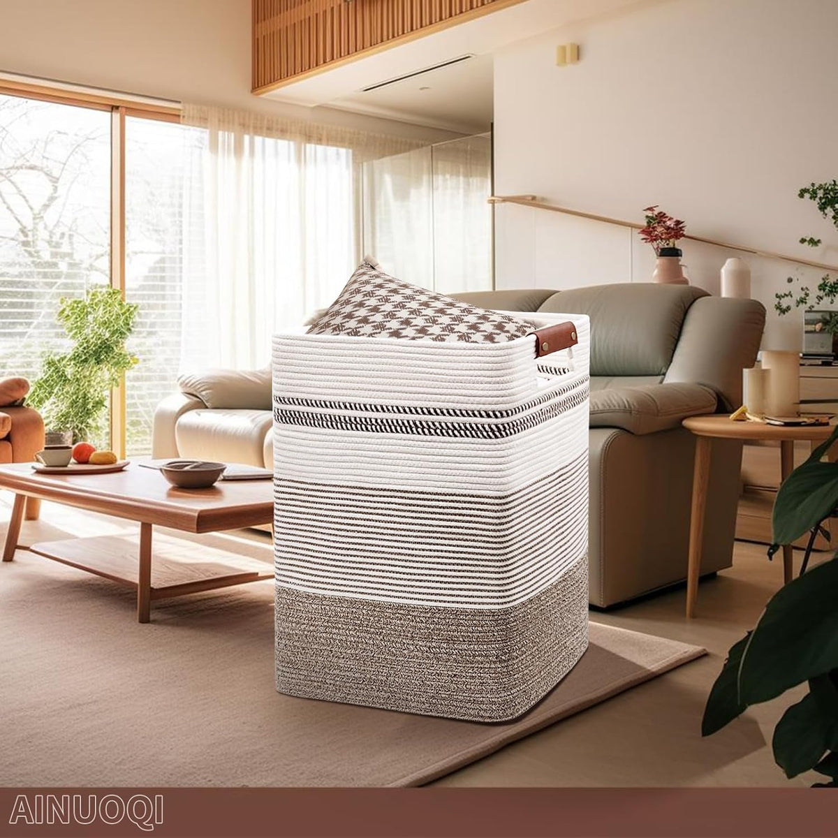 Laundry Hamper - Tall Woven Rope Laundry Basket - Clothes hamper with Leather Handles, 17.8" X 13.8" X 22", Blanket Storage Basket for Living Room, Rice Brown & White