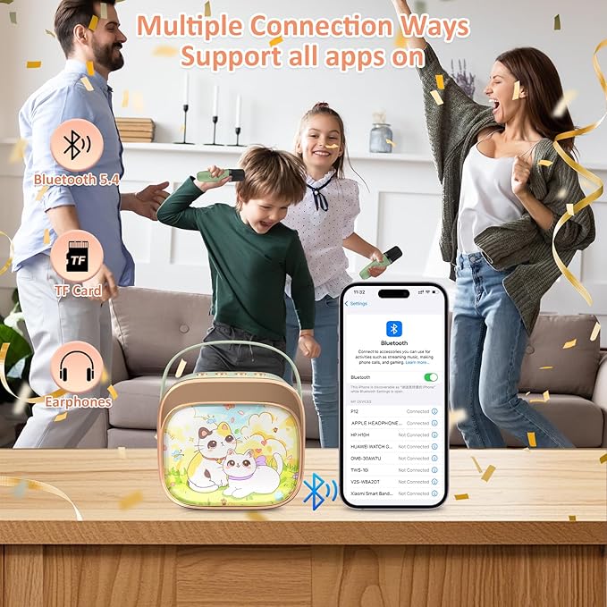 J&D Mini Karaoke Machine for Kids Adults, Portable Bluetooth Speaker with 2 Wireless Mics and Cat Sticker for Girls Boys Age 3–10 Birthday Gifts Princess Toys, Colorful LED, Green