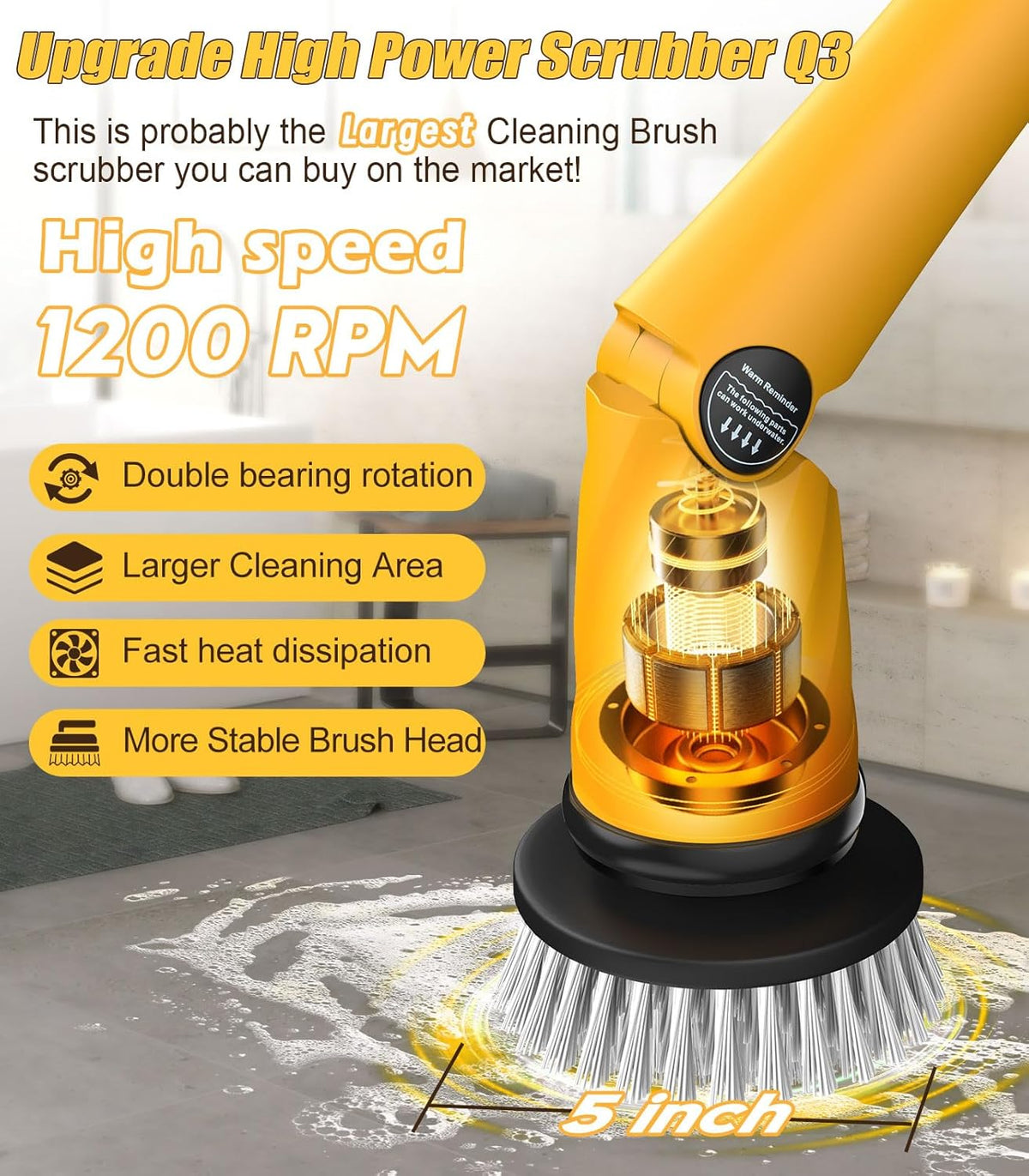Qimedo Electric Spin Scrubber Extra Large Brush Q3,6000 mAh Best Battery Power Scrubber for Cleaning,1200RPM Shower Cordless Cleaning Brush with 8 Brushes for Bath/Tub/Tile/Floor (Smart Display)