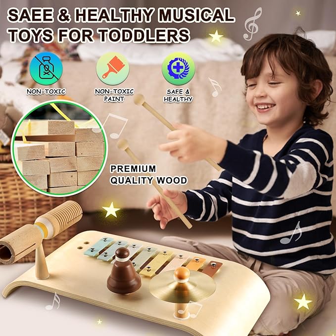 LOOIKOOS Kids Drum Set Toddler Musical Instruments Set Wooden Percussion Instrument Xylophone for Kids Montessori Toys Preschool Educational Musical Toys