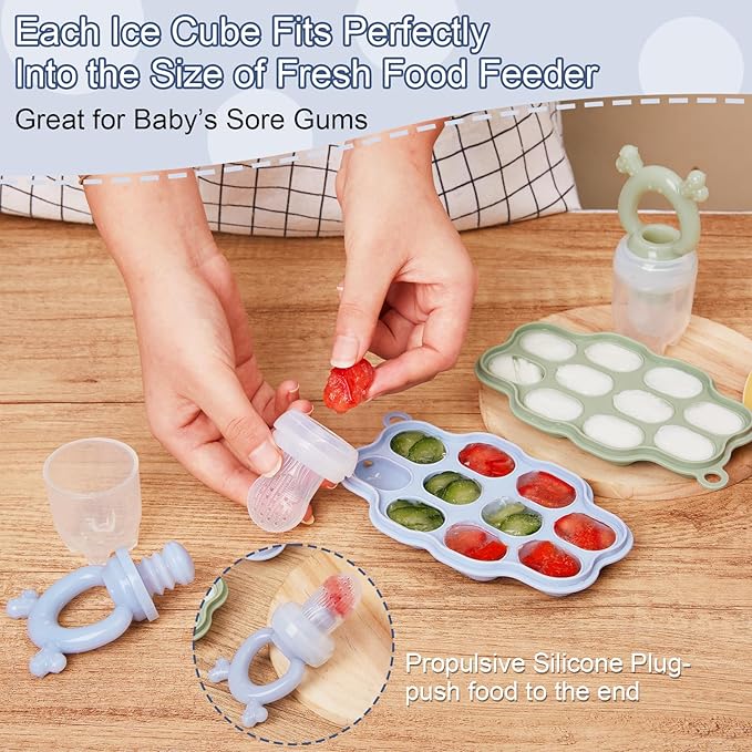 KingKam Baby Breastmilk Popsicle Molds & Baby Fruit Feeder (2 Pack), Baby Food Freezer Tray Storage Containers, Silicone Pacifier Feeder and Teether