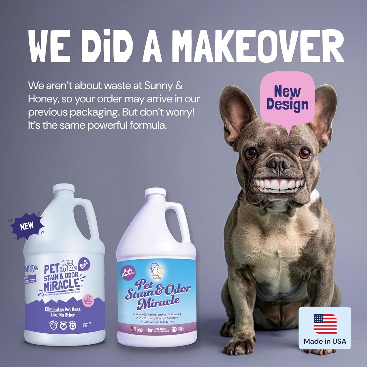 Sunny & Honey Pet Stain & Odor Miracle - 1 Gallon (128 Fl Oz), Light Lavender Scent - Carpet Cleaner - Enzyme Cleaner for Dog Urine & Cat Pee - Pet Stain Remover - Dog & Cat Urine Odor Eliminator